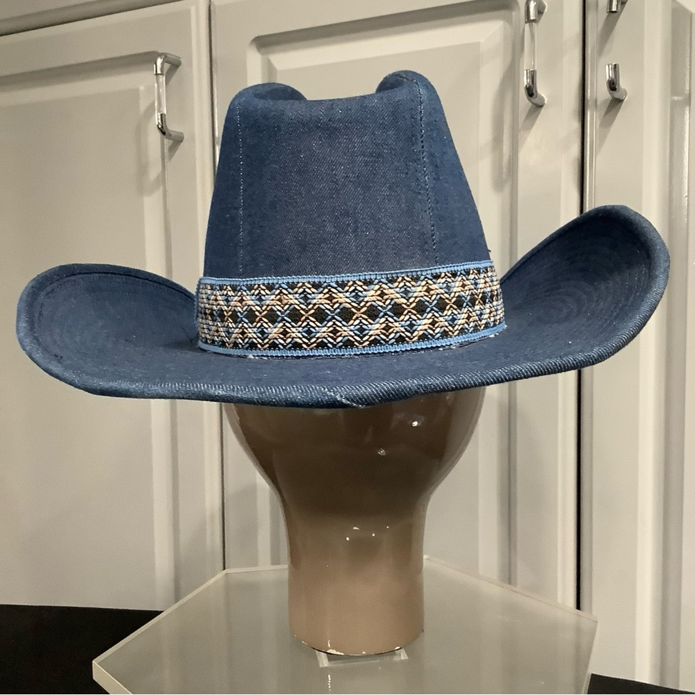 Vintage 70’s YA Youngan Blue Jean Denim Cowboy Western Hat Chevron Band - Picture 9 of 16